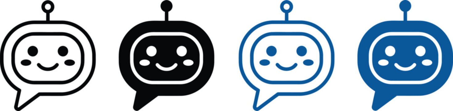 Set of cute chatbot and speech bubble vector illustrations, AI assistant icons design elements
