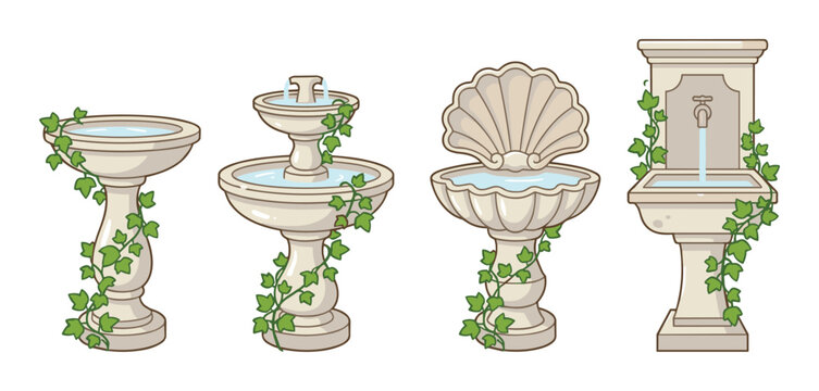 Decorative stone garden fountains and birdbaths with green ivy vines