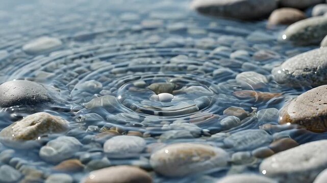 Stone skipping creates ripples across calm water surface