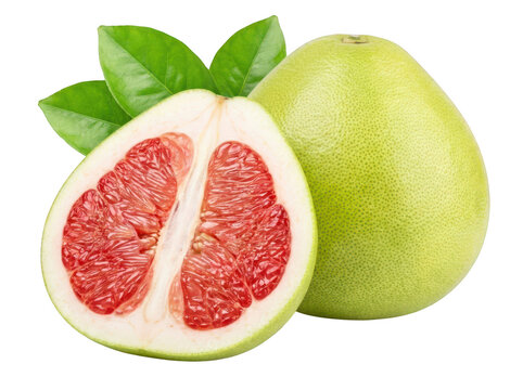 Fresh pomelo fruit with green leaves isolated on transparent background