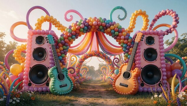Colorful archway made balloons speakers multiple layers different colors including pink orange yellow green bl