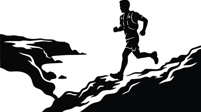 Silhouette of a trail runner ascending a mountain landscape with a white background