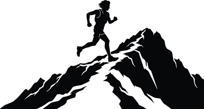 Silhouette of a trail runner ascending a mountain peak against a white background