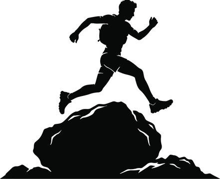 Silhouette of a male trail runner leaping over rocks on a white background