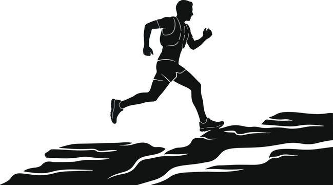 Silhouette of a running man on rocky terrain with a white background