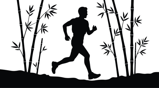 Silhouette of a running man amidst bamboo stalks on a white background
