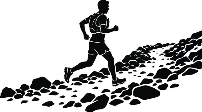 Silhouette of a male trail runner on a rocky path with a white background