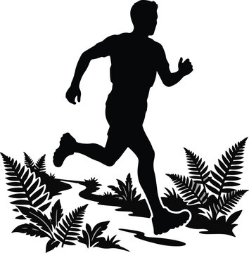 Silhouette of a running man with ferns on a white background athletic exercise concept