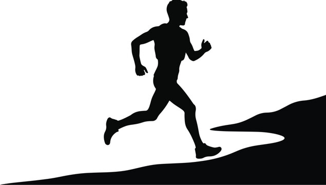 Silhouette of a running man on a hill with a white background dynamic action pose