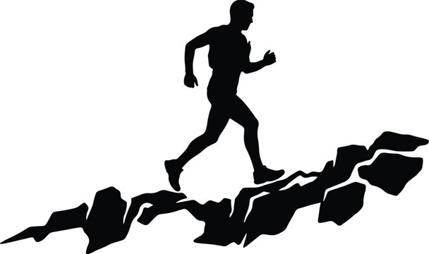 Silhouette of a running man on rocky terrain against a white background