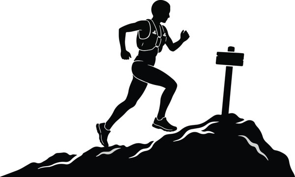 Silhouette of a female trail runner ascending a hill with a signpost black and white