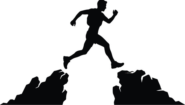 Silhouette of a woman running and jumping over rocks on a white background