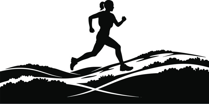 Silhouette of a woman running on rolling hills with a white background