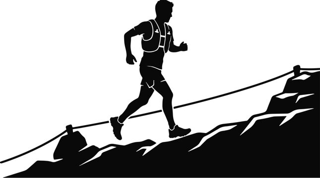 Silhouette of a trail runner on a mountain ridge with fixed ropes black and white