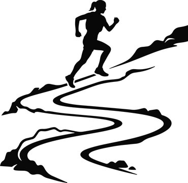 Silhouette of a female runner jumping over a winding mountain path on a white background