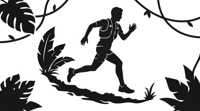 Silhouette of a running man in a jungle with tropical leaves and foliage