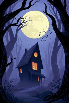 Haunted Gothic Mansion Silhouette Under Giant Full Moon with Flying Bats and Twisted Forest Trees in Misty Night Scene
