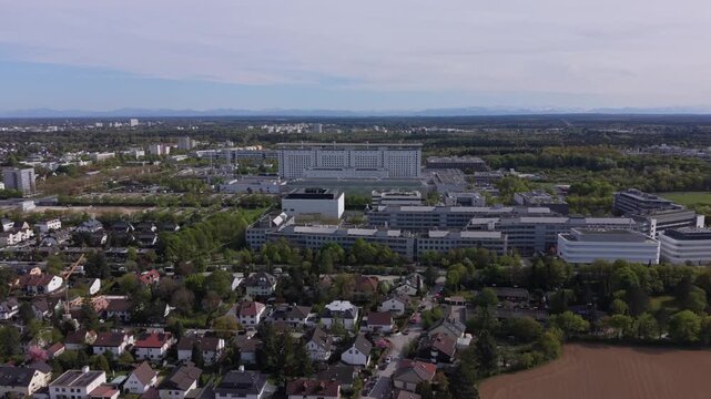 Drone footage of LMU University Hospital Munich Grosshadern. One of the largest academic hospitals in Germany with advanced healthcare services, education and research facilities.