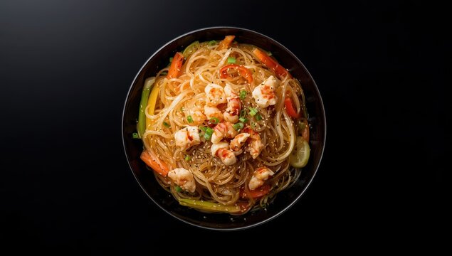 Bowl of crab meat and vegetables with Asian glass noodles. Dark backdrop. Overhead view.