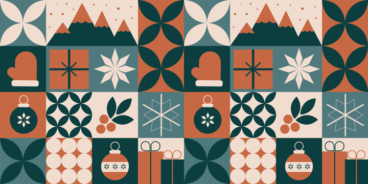 Seamless geometric Christmas pattern with gifts, ornaments, mittens, holly, snowflakes, and winter mountains in warm earthy colors.
