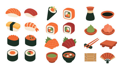 Colorful sushi and Japanese cuisine illustration set. © Kai_