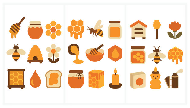 Colorful flat design honey bee and hive icons set.