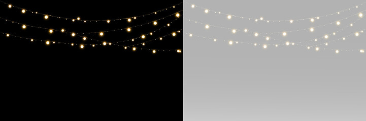 Naklejka premium Warm golden string lights hanging in elegant rows creating a cozy festive celebration atmosphere