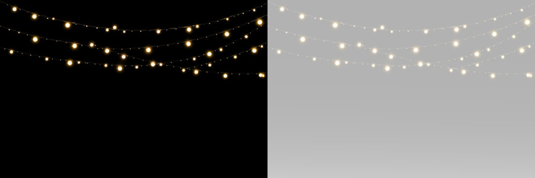 Warm golden string lights hanging in elegant rows creating a cozy festive celebration atmosphere