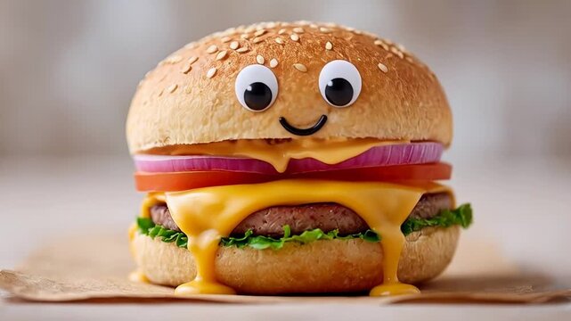 Whimsical cheeseburger with animated eyes and fresh ingredients on rustic paper