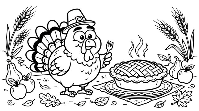Cute Thanksgiving turkey coloring page for kids with pilgrim hat hot pie apples and autumn leaves black and white line art cartoon vector illustration for coloring book