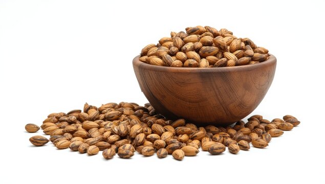 Wooden bowl with sunflower seeds on white background.