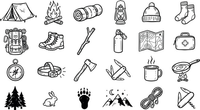 Camping and Outdoor Adventure Hand Drawn Doodle Icon Set Featuring Tent Campfire Backpack Compass Map and Hiking Equipment for Wilderness Recreation Designs