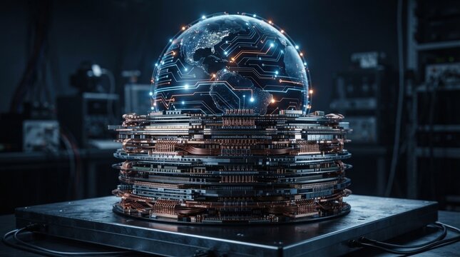 Stacked silicon wafers, chip packaging substrates, copper interconnects, and glowing globe with circuit traces for global semiconductor supply realignment.