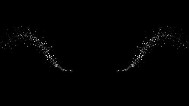 Spectral white star particles flowing from opposite sides into luminous crossing glitter trails, creating symmetrical magical overlays for elegant transitions, fantasy intros on black background