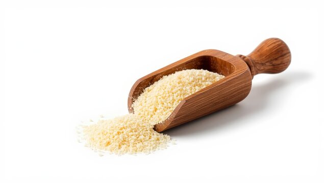 Wooden scoop with semolina on white surface.