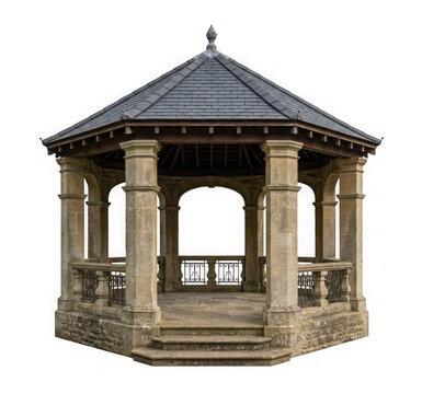 Classic stone gazebo with slate roof isolated on transparent background