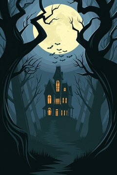 Haunted Gothic Mansion Silhouette Under Giant Full Moon with Flying Bats and Twisted Forest Trees in Misty Night Scene