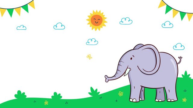 2D Animation in a colorful nature landscape including  elephant, clouds, butterfly, sun, flags, grass, plants and flowers moving. Template for customize text for kids cartoons, birthday cards.