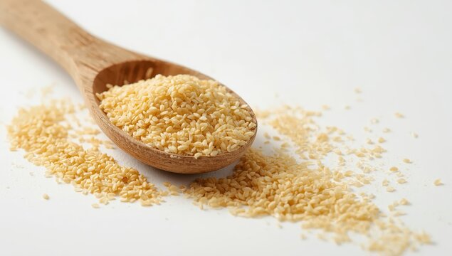 Wooden spoon with semolina flour on white backdrop