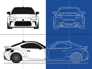 Obraz premium Modern Sports Car Blueprint Technical Drawing - Widebody Performance Coupe Vector Illustration in Multiple Views