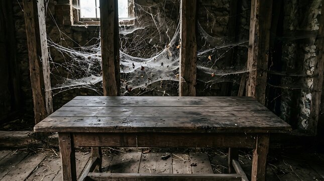Empty old wooden table in abandoned, dusty room covered in thick cobwebs and dim window light.
