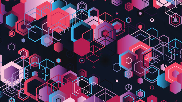 Illustration of Modern abstract geometric network with vibrant hexagonal shapes and connections.