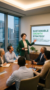 Female entrepreneur presenting a sustainable business strategy to investors, International Women's Equality Day concept, finance, sustainability and leadership