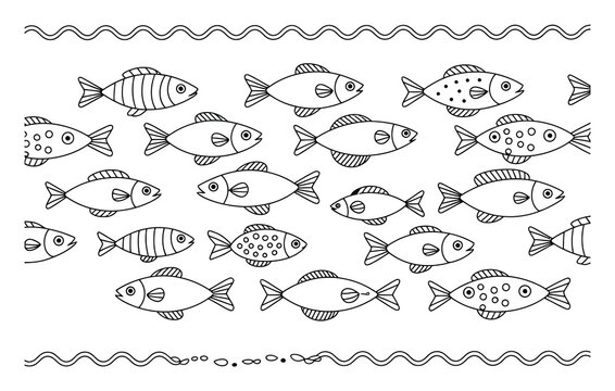Patr&oacute;n sin costuras dibujado a mano de lindos peces nadando en el oc&eacute;ano