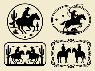 Naklejka premium Cowboy Silhouette Badges and Western Emblems with Horse Riders, Lasso, and Desert Cactus