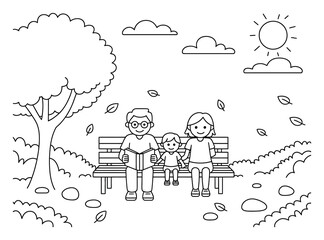 Dibujo para colorear de una familia feliz sentada en un banco del parque leyendo un libro