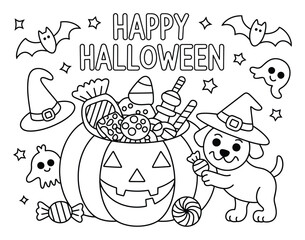 Página para colorear de feliz Halloween con lindo cachorro y cubo de dulces de calabaza