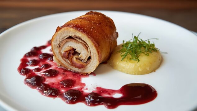 Bacon-wrapped chicken roulade with berry sauce and creamy puree, garnished with microgreens.