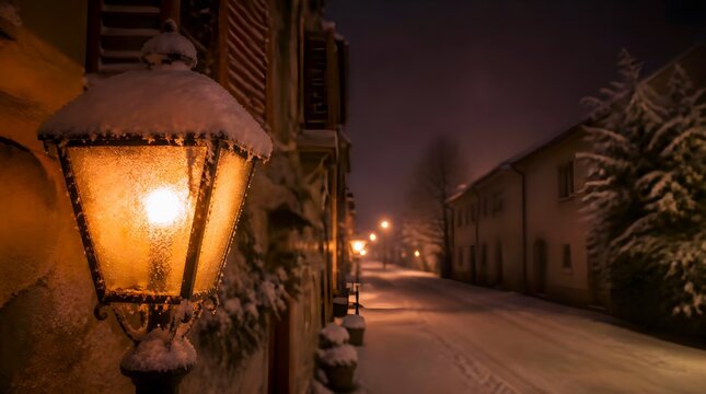 Frosted Street Lamp Glowing in a Quiet Snowy European Village Street