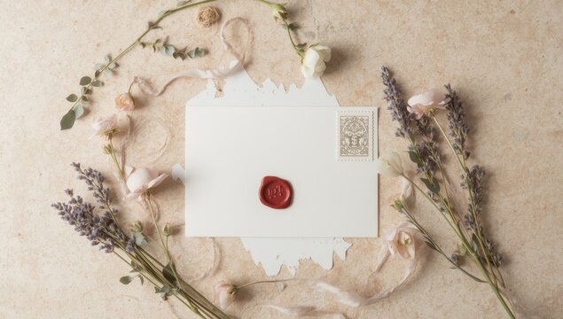 Beige concrete backdrop featuring an envelope sealed with wax, a vintage stamp, thread, and dried flowers. Handmade, gift voucher, wedding invite.